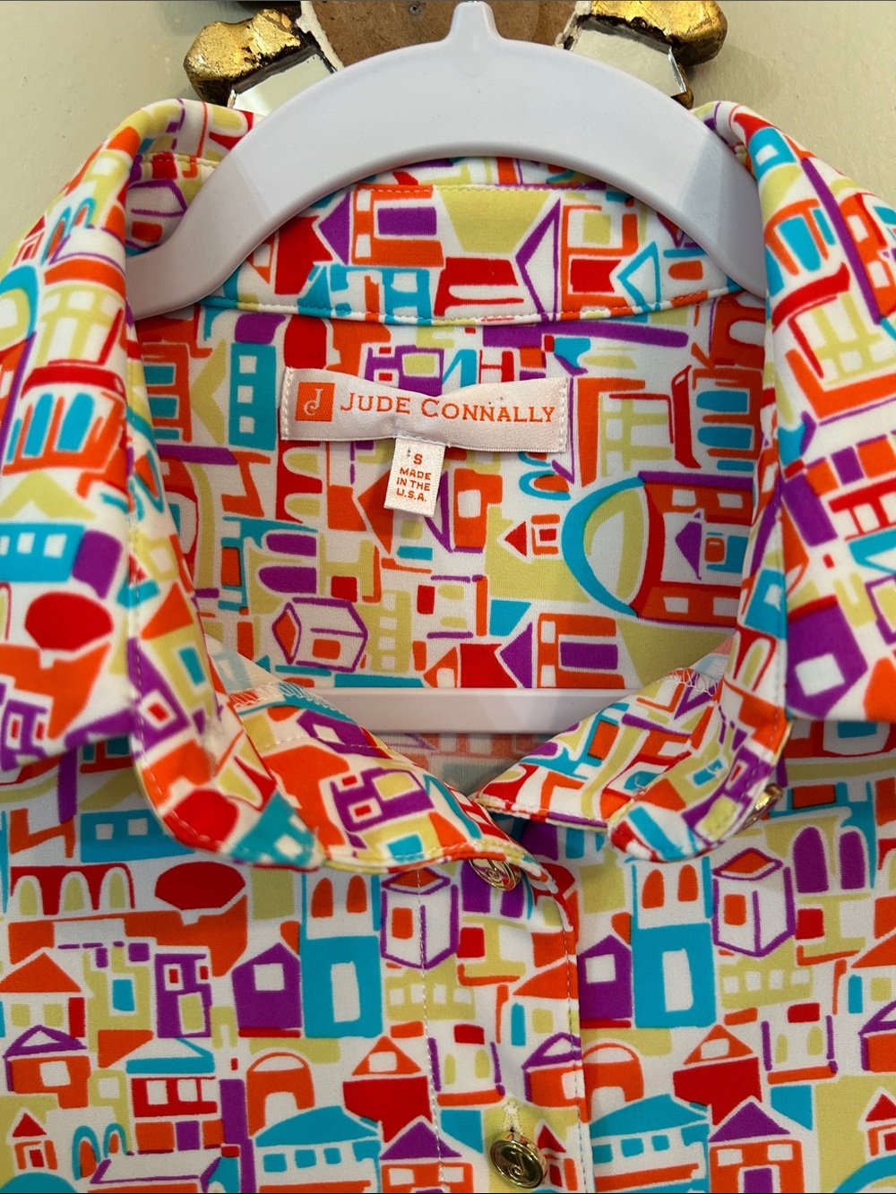 Jude Connally Santorini Village Print Long Sleeve Button Down Women’s Small Art - Picture 3 of 7
